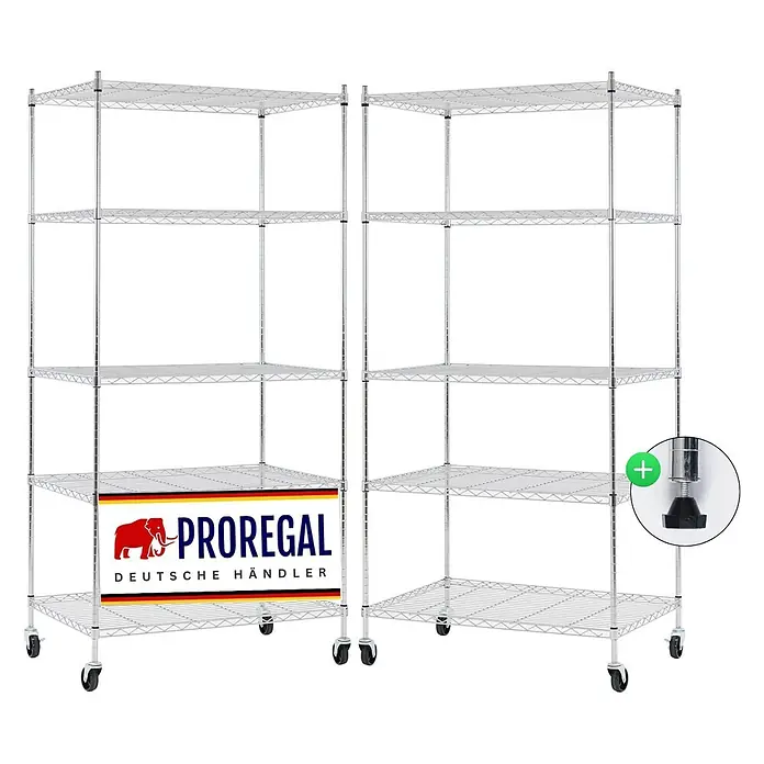 Proregal Metallregal 2er Set Gitterregal HADES mit Rollen - H x B x T: 180 x 90 x 60 cm, Traglast pro Boden: 75 kg, Anzahl Böden: 5 Stk., Stecken, Chrom Silber - Zwei verchromte Drahtregale. Eines mit Rollen für Mobilität, das andere mit verstellbaren Nivellierfüßen für Stabilität.