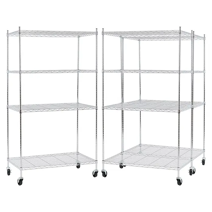 Proregal Metallregal 3er Set Gitterregal HADES mit Rollen - H x B x T: 160 x 90 x 60 cm, Traglast pro Boden: 75 kg, Anzahl Böden: 4 Stk., Stecken, Chrom Silber - Zwei verchromte L-förmige Drahtregale mit Rollen für modulare Lagerung.