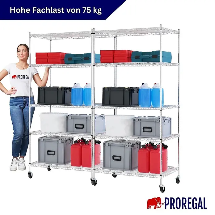Proregal Metallregal 2er Set Gitterregal HADES mit Rollen - H x B x T: 180 x 90 x 60 cm, Traglast pro Boden: 75 kg, Anzahl Böden: 5 Stk., Stecken, Chrom Silber