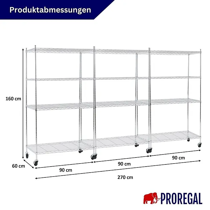 Proregal Metallregal 3er Set Gitterregal HADES mit Rollen - H x B x T: 160 x 90 x 60 cm, Traglast pro Boden: 75 kg, Anzahl Böden: 4 Stk., Stecken, Chrom Silber - Silbernes Metall-Drahtregal auf Rollen, mit drei Sektionen und Regalböden, zeigt Produktabmessungen.