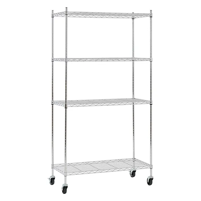 Proregal Metallregal Gitterregal HADES mit Rollen - H x B x T: 160 x 90 x 40 cm, Traglast pro Boden: 75 kg, Anzahl Böden: 4 Stk., Stecken, Chrom Silber - Vierstufiges verchromtes Drahtregal auf Rollen für vielseitige Lagerung.