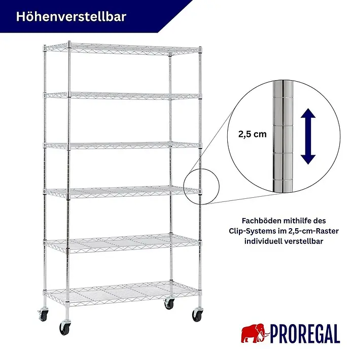 Proregal Metallregal 2er Set Gitterregal HADES mit Rollen - H x B x T: 160 x 90 x 40 cm, Traglast pro Boden: 75 kg, Anzahl Böden: 6 Stk., Stecken, Chrom Silber - Verchromtes Drahtregal auf Rollen mit höhenverstellbaren Einlegeböden.