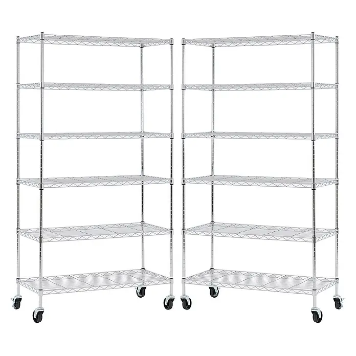 Proregal Metallregal 2er Set Gitterregal HADES mit Rollen - H x B x T: 160 x 90 x 40 cm, Traglast pro Boden: 75 kg, Anzahl Böden: 6 Stk., Stecken, Chrom Silber - Zwei verchromte Drahtregale mit je fünf Böden, für Eckaufstellung, mit Rollen.