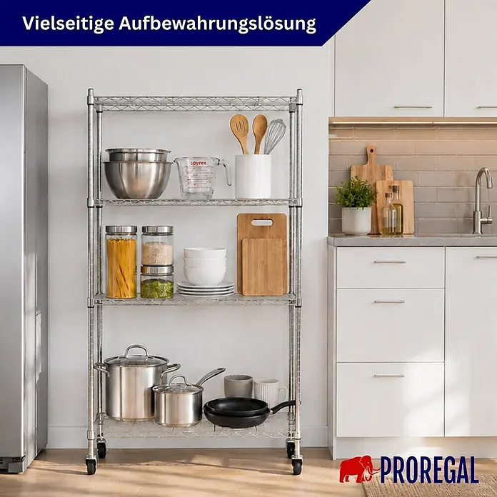 Proregal Metallregal Gitterregal HADES mit Rollen - H x B x T: 160 x 90 x 40 cm, Traglast pro Boden: 75 kg, Anzahl Böden: 4 Stk., Stecken, Chrom Silber