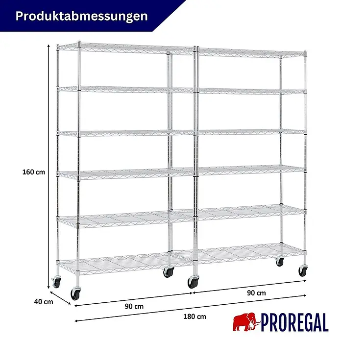 Proregal Metallregal 2er Set Gitterregal HADES mit Rollen - H x B x T: 160 x 90 x 40 cm, Traglast pro Boden: 75 kg, Anzahl Böden: 6 Stk., Stecken, Chrom Silber - Verchromtes Metallregal mit 6 Böden und Rollen, Abmessungen 160x180x40 cm dargestellt.