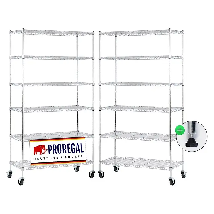 Proregal Metallregal 2er Set Gitterregal HADES mit Rollen - H x B x T: 160 x 90 x 40 cm, Traglast pro Boden: 75 kg, Anzahl Böden: 6 Stk., Stecken, Chrom Silber - Zwei verchromte Drahtregale mit je 6 Böden, ausgestattet mit Rollen und optionalen Verstellfüßen.