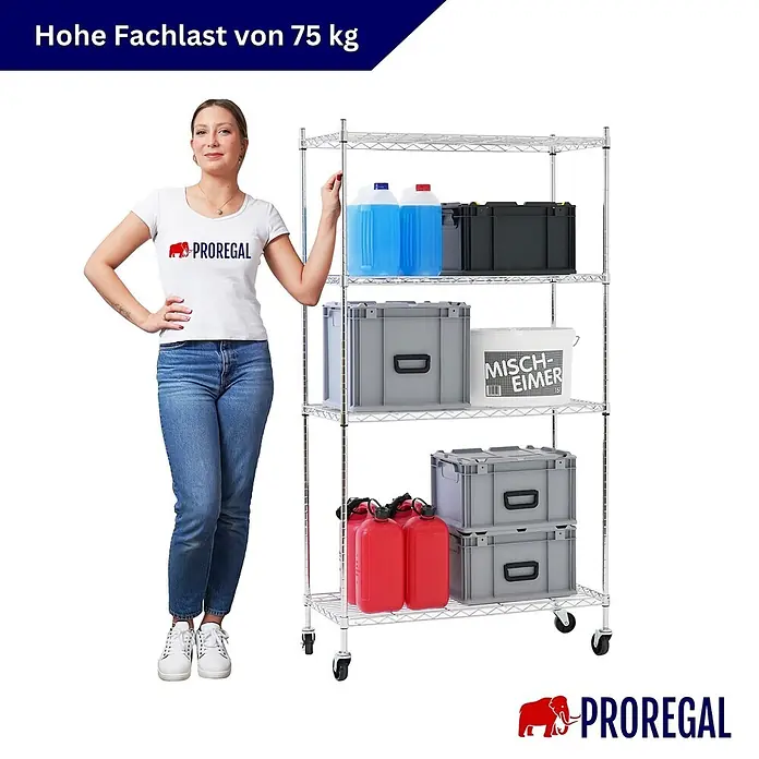 Proregal Metallregal Gitterregal HADES mit Rollen - H x B x T: 160 x 90 x 40 cm, Traglast pro Boden: 75 kg, Anzahl Böden: 4 Stk., Stecken, Chrom Silber - Verchromtes Drahtregal auf Rollen, 75 kg Fachlast zeigend, mit Frau zum Größenvergleich.