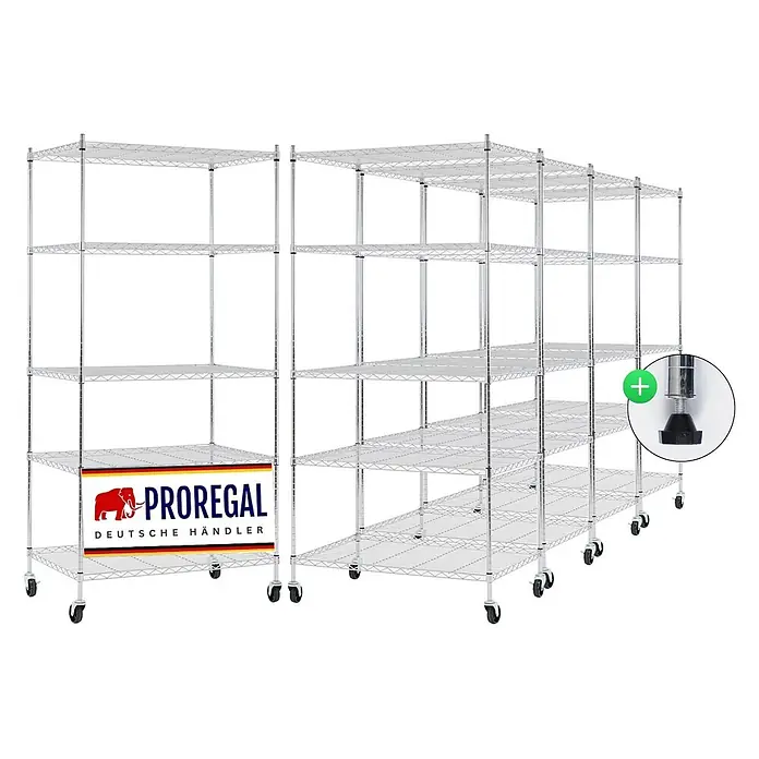 Proregal Metallregal 5er Set Gitterregal HADES mit Rollen - H x B x T: 180 x 90 x 60 cm, Traglast pro Boden: 75 kg, Anzahl Böden: 5 Stk., Stecken, Chrom Silber - Verchromtes Drahtregalsystem mit mehreren Einheiten, teilweise auf Rollen, teilweise mit verstellbaren Füßen. Mit geneigten Böden und 'PROREGAL'-Logo.