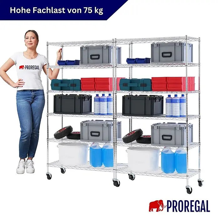 Proregal Metallregal 2er Set Gitterregal HADES mit Rollen - H x B x T: 160 x 90 x 40 cm, Traglast pro Boden: 75 kg, Anzahl Böden: 6 Stk., Stecken, Chrom Silber - Zwei verchromte Drahtregale auf Rollen, gefüllt mit verschiedenen Lagerartikeln. Eine Frau steht daneben zur Größenreferenz.