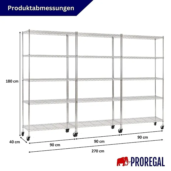 Proregal Metallregal 3er Set Gitterregal HADES mit Rollen - H x B x T: 180 x 90 x 40 cm, Traglast pro Boden: 75 kg, Anzahl Böden: 5 Stk., Stecken, Chrom Silber - Verchromtes Drahtregal, 3x5 Böden, auf Rollen. Maße: 180x270x40 cm.