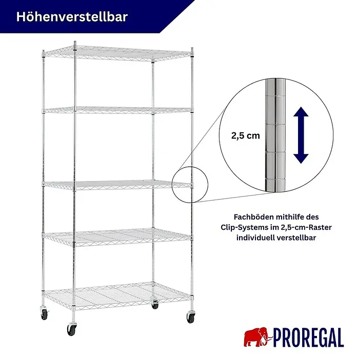 Proregal Metallregal 5er Set Gitterregal HADES mit Rollen - H x B x T: 180 x 90 x 60 cm, Traglast pro Boden: 75 kg, Anzahl Böden: 5 Stk., Stecken, Chrom Silber - Verchromtes 5-etagiges Drahtregal auf Rollen, Fachböden individuell höhenverstellbar im 2,5-cm-Raster.