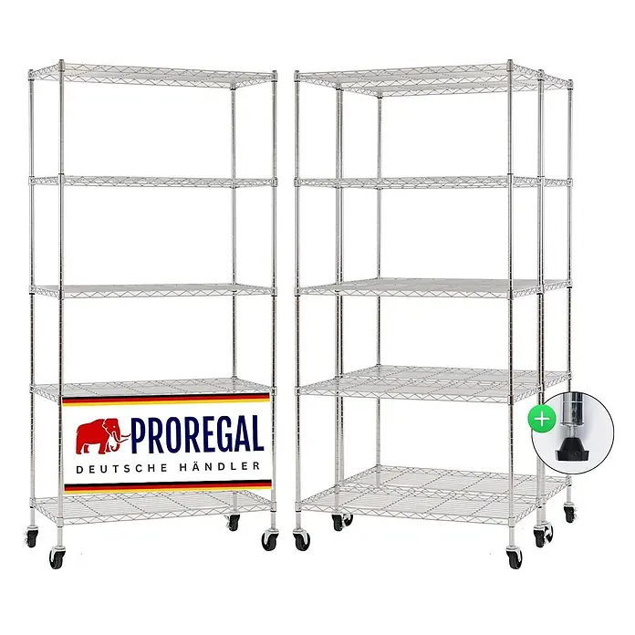 Proregal Metallregal 3er Set Gitterregal HADES mit Rollen - H x B x T: 180 x 90 x 40 cm, Traglast pro Boden: 75 kg, Anzahl Böden: 5 Stk., Stecken, Chrom Silber - Zwei verchromte Drahtregale mit verstellbaren Böden, Rollen und optionalen Nivellierfüßen.