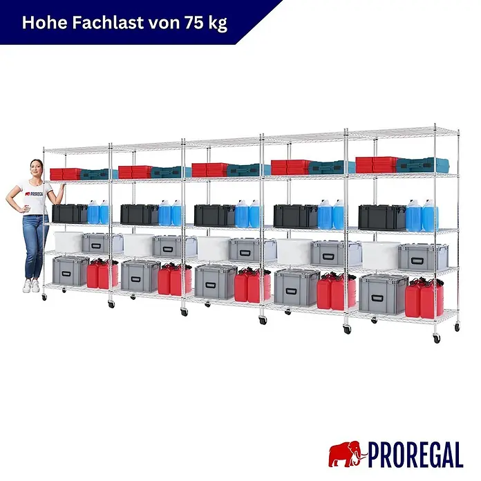 Proregal Metallregal 5er Set Gitterregal HADES mit Rollen - H x B x T: 180 x 90 x 60 cm, Traglast pro Boden: 75 kg, Anzahl Böden: 5 Stk., Stecken, Chrom Silber - Verchromtes Metallregal mit vielen Ablagen und verschiedenen Aufbewahrungsboxen. Eine Frau steht daneben zur Größenreferenz. Hohe Fachlast von 75 kg.