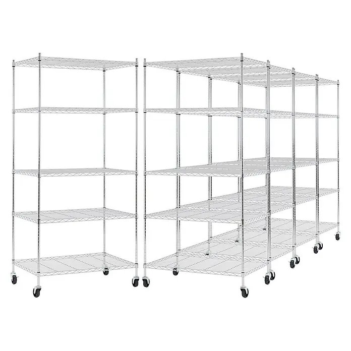 Proregal Metallregal 5er Set Gitterregal HADES mit Rollen - H x B x T: 180 x 90 x 60 cm, Traglast pro Boden: 75 kg, Anzahl Böden: 5 Stk., Stecken, Chrom Silber - Verchromte Drahtregale auf Rollen, L-förmig angeordnet, für vielseitigen Stauraum.