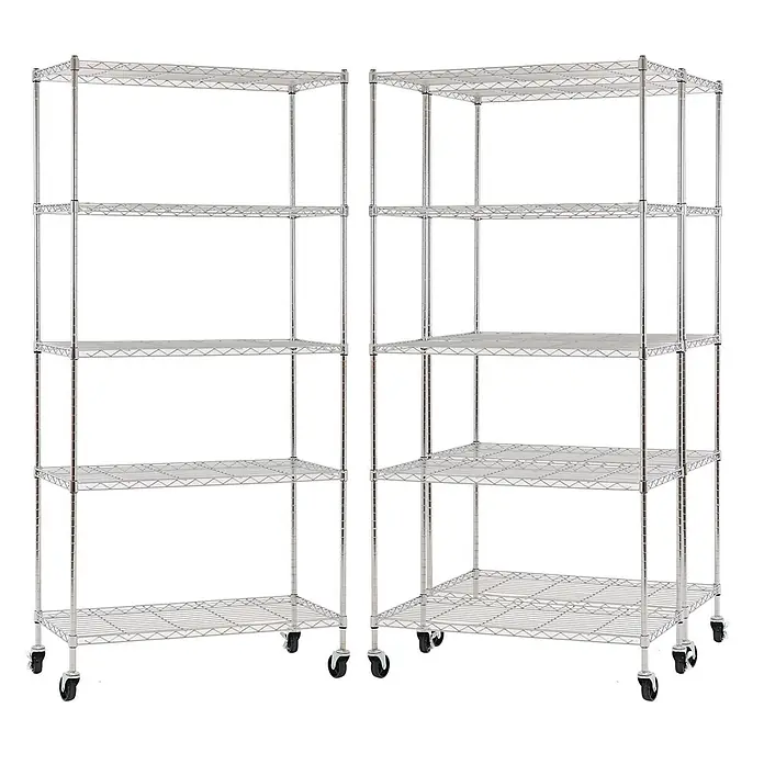 Proregal Metallregal 3er Set Gitterregal HADES mit Rollen - H x B x T: 180 x 90 x 40 cm, Traglast pro Boden: 75 kg, Anzahl Böden: 5 Stk., Stecken, Chrom Silber - Zwei mobile, silberne Drahtregaleinheiten aus Chrom mit mehreren verstellbaren Böden.
