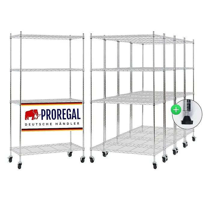 Proregal Metallregal 5er Set Gitterregal HADES mit Rollen - H x B x T: 160 x 90 x 40 cm, Traglast pro Boden: 75 kg, Anzahl Böden: 4 Stk., Stecken, Chrom Silber - Modulares verchromtes Drahtregalsystem auf Rollen, mit verstellbaren Regalböden und optionalen Nivellierfüßen.