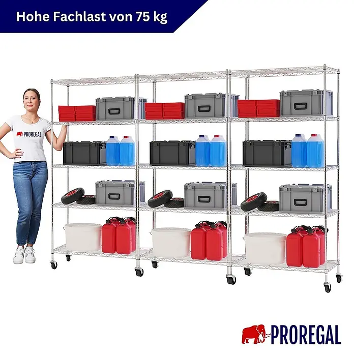 Proregal Metallregal 3er Set Gitterregal HADES mit Rollen - H x B x T: 180 x 90 x 40 cm, Traglast pro Boden: 75 kg, Anzahl Böden: 5 Stk., Stecken, Chrom Silber - Silbernes Drahtregal mit Gegenständen, Frau zur Größenbestimmung. Jedes Fach trägt 75 kg.