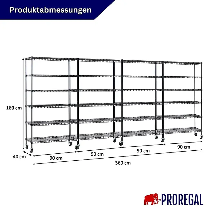 Proregal Metallregal 4er Set Gitterregal HADES mit Rollen - H x B x T: 160 x 90 x 40 cm, Traglast pro Boden: 75 kg, Anzahl Böden: 6 Stk., Stecken, Schwarz - Schwarzes Metall-Drahtregal mit Rollen, 160x360x40 cm (HxBxT).