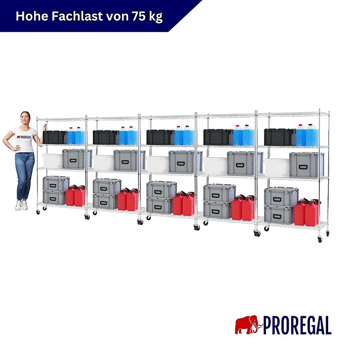 Proregal Metallregal 5er Set Gitterregal HADES mit Rollen - H x B x T: 160 x 90 x 40 cm, Traglast pro Boden: 75 kg, Anzahl Böden: 4 Stk., Stecken, Chrom Silber - Großes, verchromtes Rollregal auf Rollen, gefüllt mit Lagerbehältern und Kisten. Eine Frau zeigt die Stabilität und die Fachlast von 75 kg.