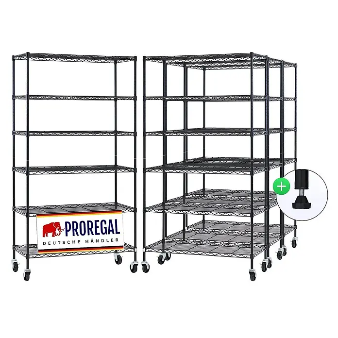 Proregal Metallregal 4er Set Gitterregal HADES mit Rollen - H x B x T: 160 x 90 x 40 cm, Traglast pro Boden: 75 kg, Anzahl Böden: 6 Stk., Stecken, Schwarz - Schwarze Drahtregaleinheiten mit mehreren Böden, Rollen und optionalen Nivellierfüßen zur Lagerung.