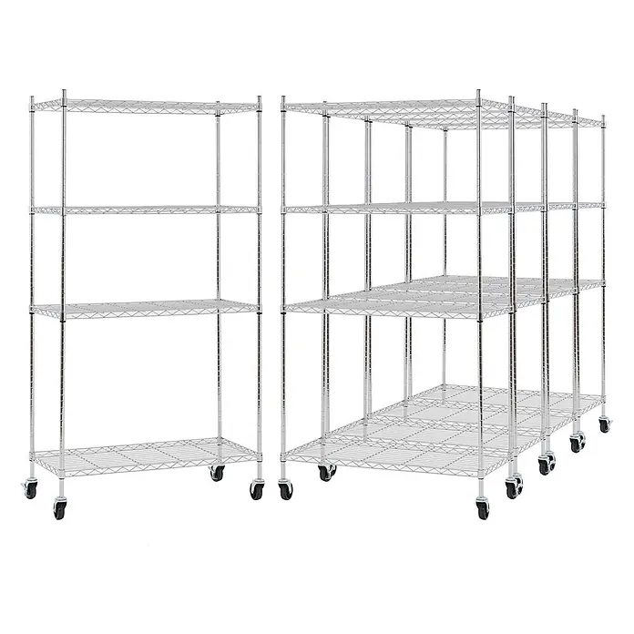 Proregal Metallregal 5er Set Gitterregal HADES mit Rollen - H x B x T: 160 x 90 x 40 cm, Traglast pro Boden: 75 kg, Anzahl Böden: 4 Stk., Stecken, Chrom Silber - Verchromte Drahtregale auf Rollen. Eine freistehende 4-Boden-Einheit und eine L-förmige 4-Boden-Ecklösung.