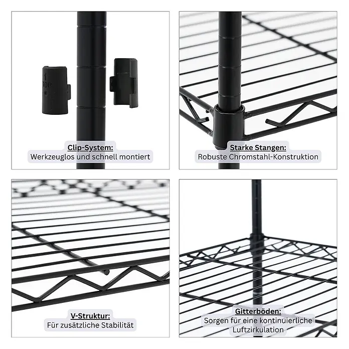 Proregal Metallregal 4er Set Gitterregal HADES mit Rollen - H x B x T: 160 x 90 x 40 cm, Traglast pro Boden: 75 kg, Anzahl Böden: 6 Stk., Stecken, Schwarz - Schwarzes Drahtregal mit Clip-System zur werkzeuglosen Montage, stabiler Chromstahl-Konstruktion, V-Struktur und Gitterböden für Luftzirkulation.