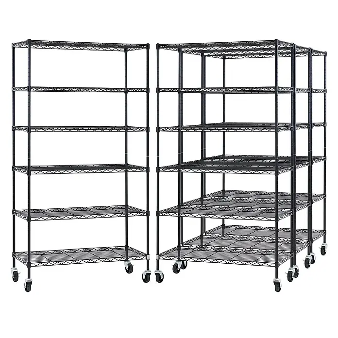 Proregal Metallregal 4er Set Gitterregal HADES mit Rollen - H x B x T: 160 x 90 x 40 cm, Traglast pro Boden: 75 kg, Anzahl Böden: 6 Stk., Stecken, Schwarz - Zwei schwarze Drahtregaleinheiten aus Metall mit verstellbaren Böden und Lenkrollen.
