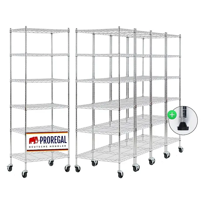 Proregal Metallregal 5er Set Gitterregal HADES mit Rollen - H x B x T: 160 x 60 x 40 cm, Traglast pro Boden: 75 kg, Anzahl Böden: 6 Stk., Stecken, Chrom Silber - Verchromte Drahtregale mit Rollen und ein Einsatz, der einen verstellbaren Nivellierfuß für vielseitige Lagerung zeigt.