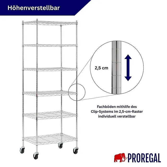Proregal Metallregal 5er Set Gitterregal HADES mit Rollen - H x B x T: 160 x 60 x 40 cm, Traglast pro Boden: 75 kg, Anzahl Böden: 6 Stk., Stecken, Chrom Silber - Verchromtes Drahtregal auf Rollen mit höhenverstellbaren Fachböden im 2,5-cm-Raster durch Clip-System.