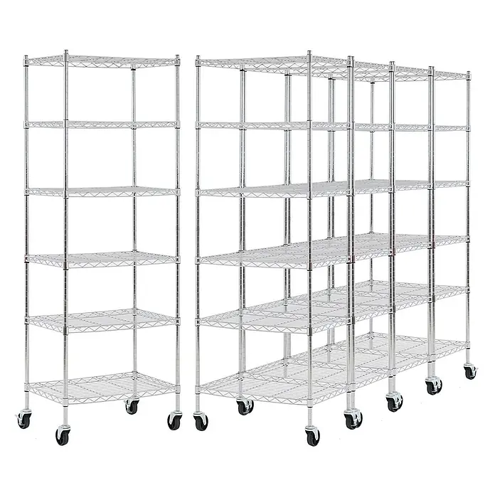 Proregal Metallregal 5er Set Gitterregal HADES mit Rollen - H x B x T: 160 x 60 x 40 cm, Traglast pro Boden: 75 kg, Anzahl Böden: 6 Stk., Stecken, Chrom Silber - Zwei verchromte Drahtregale mit verstellbaren Böden und Rollen zur Aufbewahrung.