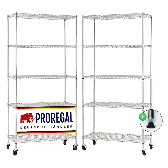 Proregal Metallregal 2er Set Gitterregal HADES mit Rollen - Traglast pro Boden: 75 kg, Anzahl Böden: 5 Stk., Stecken, Chrom Silber - Zwei verchromte Drahtregale mit je fünf Böden, gezeigt mit Rollen für Mobilität. Ein Einsatz zeigt einen verstellbaren Fuß zur Stabilisierung.