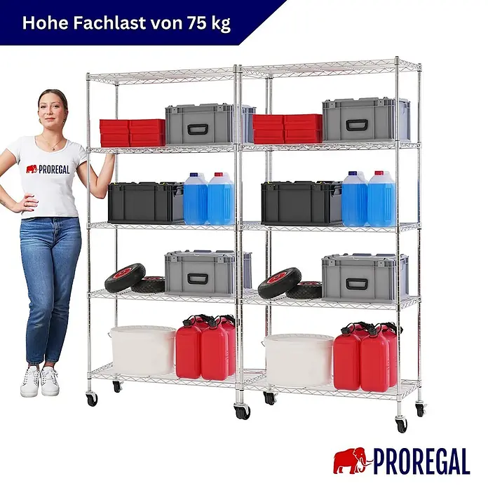 Proregal Metallregal 2er Set Gitterregal HADES mit Rollen - Traglast pro Boden: 75 kg, Anzahl Böden: 5 Stk., Stecken, Chrom Silber - Zwei verchromte Drahtregale mit Rollen, gefüllt mit verschiedenen Lagerartikeln. Eine Frau steht daneben zur Größenreferenz.
