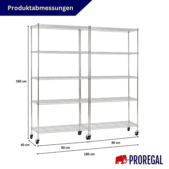 Proregal Metallregal 2er Set Gitterregal HADES mit Rollen - Traglast pro Boden: 75 kg, Anzahl Böden: 5 Stk., Stecken, Chrom Silber - Zwei mobile verchromte Drahtregale mit mehreren Ablagen für flexible Lagerung.