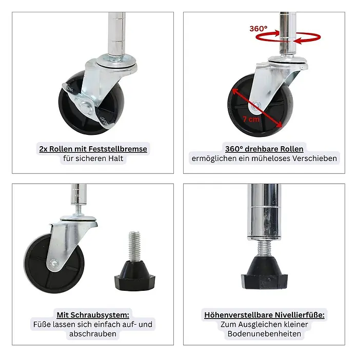 Proregal Metallregal 2er Set Gitterregal HADES mit Rollen - Traglast pro Boden: 75 kg, Anzahl Böden: 5 Stk., Stecken, Chrom Silber - Detailansicht von schwarzen und silbernen Rollen (7cm, 360° drehbar, mit Bremsen) und höhenverstellbaren Nivellierfüßen für Regale.