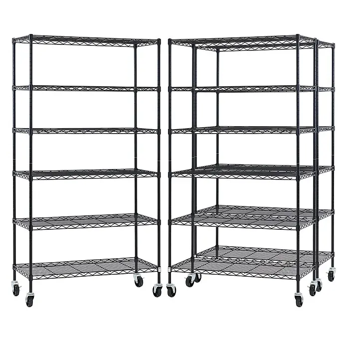 Proregal Metallregal 3er Set Gitterregal HADES mit Rollen - H x B x T: 160 x 90 x 40 cm, Traglast pro Boden: 75 kg, Anzahl Böden: 6 Stk., Stecken, Schwarz - Zwei schwarze Drahtregale mit Rollen, als Eck-Aufbewahrungssystem angeordnet.