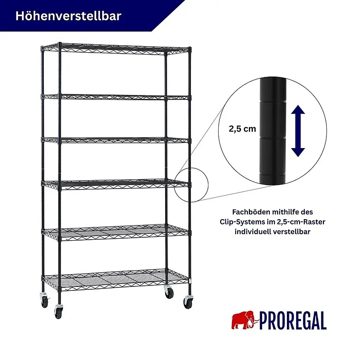 Proregal Metallregal 3er Set Gitterregal HADES mit Rollen - H x B x T: 160 x 90 x 40 cm, Traglast pro Boden: 75 kg, Anzahl Böden: 6 Stk., Stecken, Schwarz - Schwarzes Metallgitterregal auf Rollen mit höhenverstellbaren Fachböden.