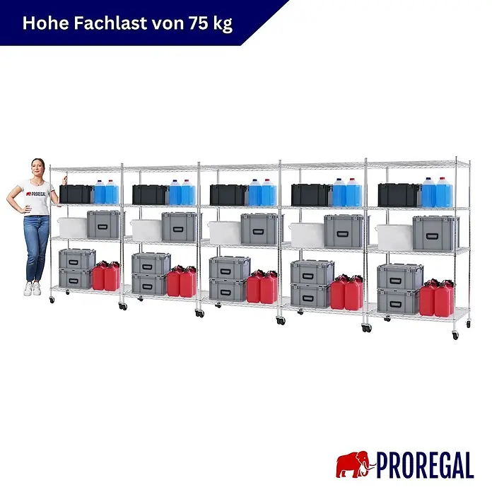Proregal Metallregal 5er Set Gitterregal HADES mit Rollen - H x B x T: 160 x 90 x 60 cm, Traglast pro Boden: 75 kg, Anzahl Böden: 4 Stk., Stecken, Chrom Silber - Verchromte Metallregale mit gelagerten Artikeln, gezeigt mit einer Frau zur Größenveranschaulichung. Jedes Regal hat eine Traglast von 75 kg.