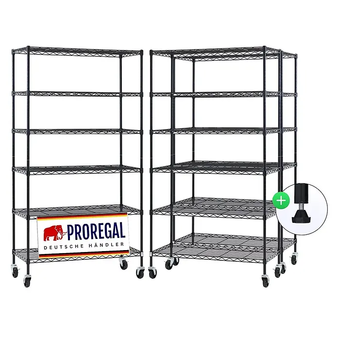 Proregal Metallregal 3er Set Gitterregal HADES mit Rollen - H x B x T: 160 x 90 x 40 cm, Traglast pro Boden: 75 kg, Anzahl Böden: 6 Stk., Stecken, Schwarz - Zwei schwarze Drahtmetallregale auf Rollen, ein 5- und ein 6-stöckiges, mit optionalen verstellbaren Füßen.