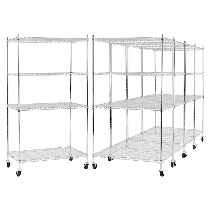 Proregal Metallregal 5er Set Gitterregal HADES mit Rollen - H x B x T: 160 x 90 x 60 cm, Traglast pro Boden: 75 kg, Anzahl Böden: 4 Stk., Stecken, Chrom Silber - Modulare Chromdrahtregale mit Rollen für vielseitige Lagerung, in L-Form dargestellt.