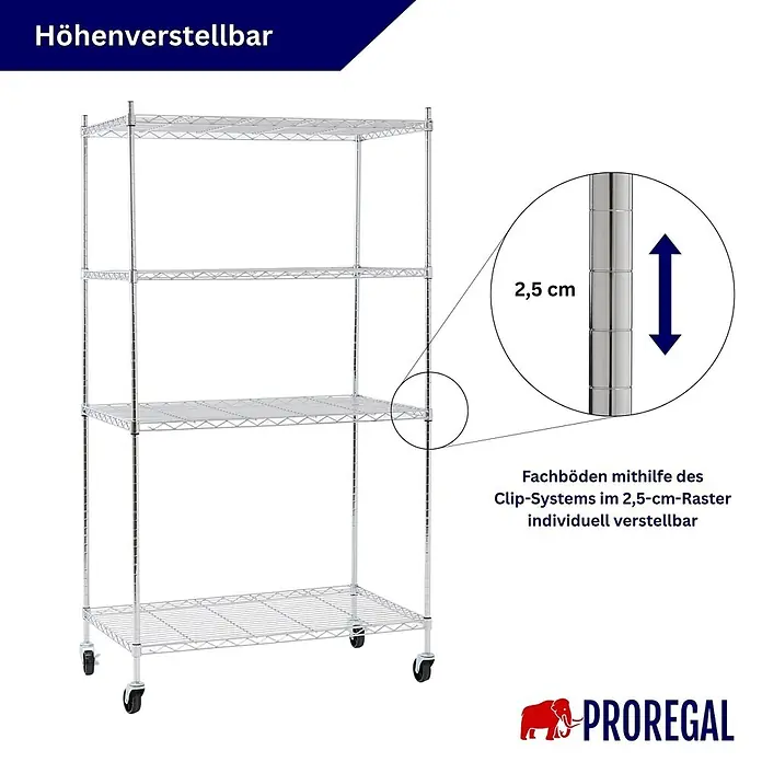 Proregal Metallregal 5er Set Gitterregal HADES mit Rollen - H x B x T: 160 x 90 x 60 cm, Traglast pro Boden: 75 kg, Anzahl Böden: 4 Stk., Stecken, Chrom Silber - Verchromtes Drahtregal mit vier höhenverstellbaren Fachböden und Rollen.