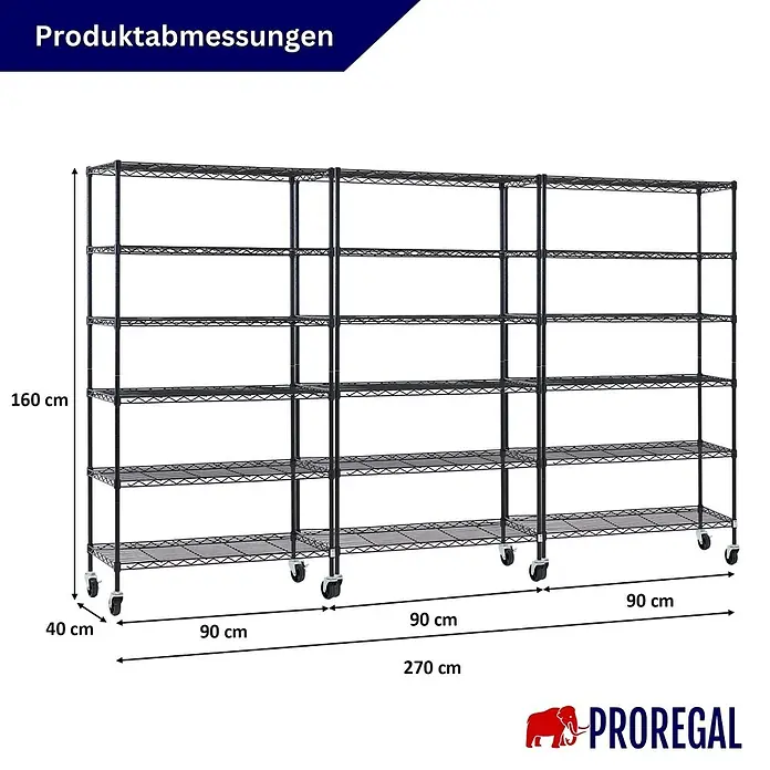 Proregal Metallregal 3er Set Gitterregal HADES mit Rollen - H x B x T: 160 x 90 x 40 cm, Traglast pro Boden: 75 kg, Anzahl Böden: 6 Stk., Stecken, Schwarz - Dunkles Metallregal mit Rollen, 270 cm lang, 160 cm hoch und 40 cm tief.