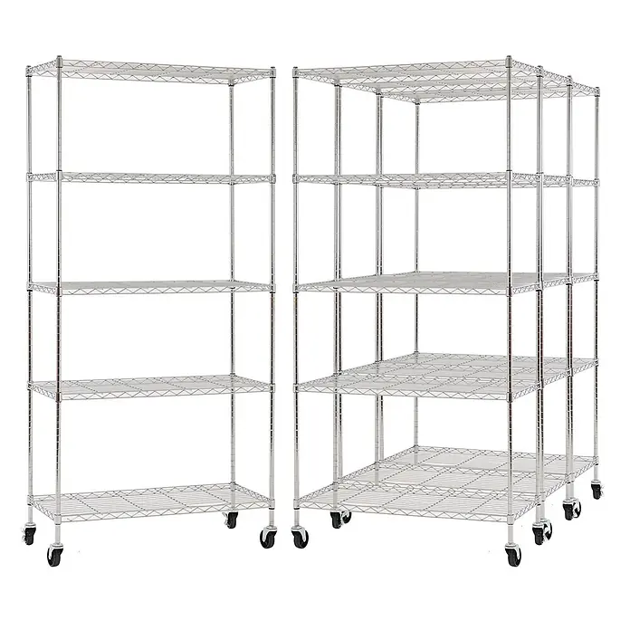 Proregal Metallregal 4er Set Gitterregal HADES mit Rollen - H x B x T: 180 x 90 x 40 cm, Traglast pro Boden: 75 kg, Anzahl Böden: 5 Stk., Stecken, Chrom Silber - Zwei verchromte Drahtregale, eines schmal, eines L-förmig, mit mehreren Böden und Rollen für mobile Lagerung.