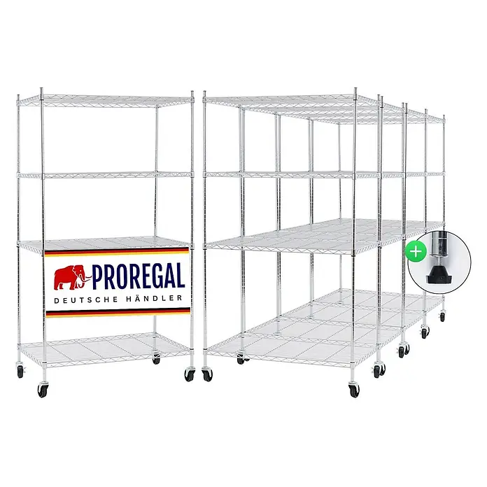 Proregal Metallregal 5er Set Gitterregal HADES mit Rollen - H x B x T: 160 x 90 x 60 cm, Traglast pro Boden: 75 kg, Anzahl Böden: 4 Stk., Stecken, Chrom Silber - Verchromte Drahtregaleinheiten mit Rollen; Detail zeigt einen verstellbaren Nivellierfuß.