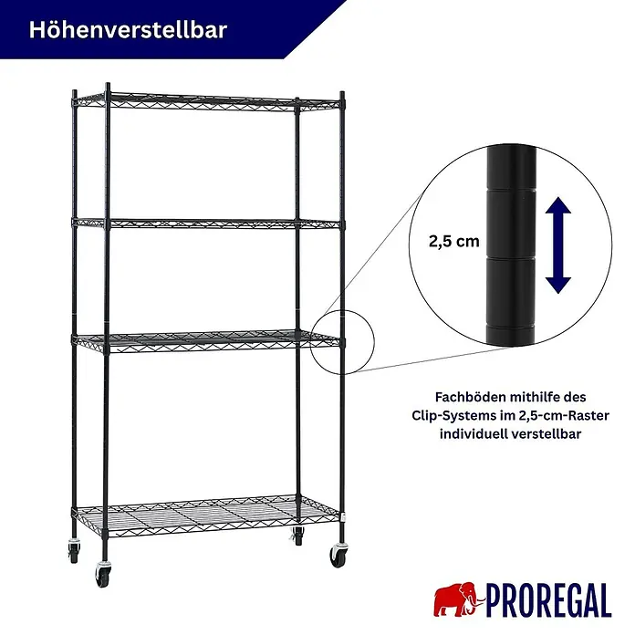 Proregal Metallregal 2er Set Gitterregal HADES mit Rollen - H x B x T: 160 x 90 x 40 cm, Traglast pro Boden: 75 kg, Anzahl Böden: 4 Stk., Stecken, Schwarz - Schwarzes Drahtregal mit 4 verstellbaren Fachböden auf Rollen. Fachböden im 2,5-cm-Raster höhenverstellbar.