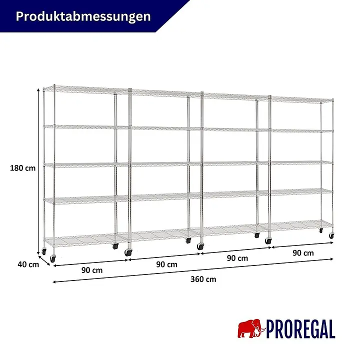 Proregal Metallregal 4er Set Gitterregal HADES mit Rollen - H x B x T: 180 x 90 x 40 cm, Traglast pro Boden: 75 kg, Anzahl Böden: 5 Stk., Stecken, Chrom Silber - Silbernes Drahtregal auf Rollen, 180 cm hoch, 40 cm tief, 360 cm breit, mit mehreren Ablagen.