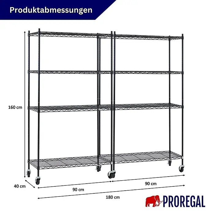 Proregal Metallregal 2er Set Gitterregal HADES mit Rollen - H x B x T: 160 x 90 x 40 cm, Traglast pro Boden: 75 kg, Anzahl Böden: 4 Stk., Stecken, Schwarz - Schwarzes Drahtregal aus Metall auf Rollen, 160x180x40 cm, mit vier Böden.