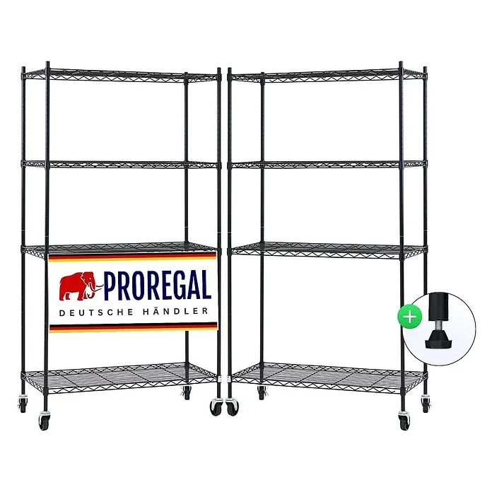 Proregal Metallregal 2er Set Gitterregal HADES mit Rollen - H x B x T: 160 x 90 x 40 cm, Traglast pro Boden: 75 kg, Anzahl Böden: 4 Stk., Stecken, Schwarz - Zwei schwarze Metall-Drahtregale in Eckanordnung, ausgestattet mit Rollen und verstellbaren Füßen.