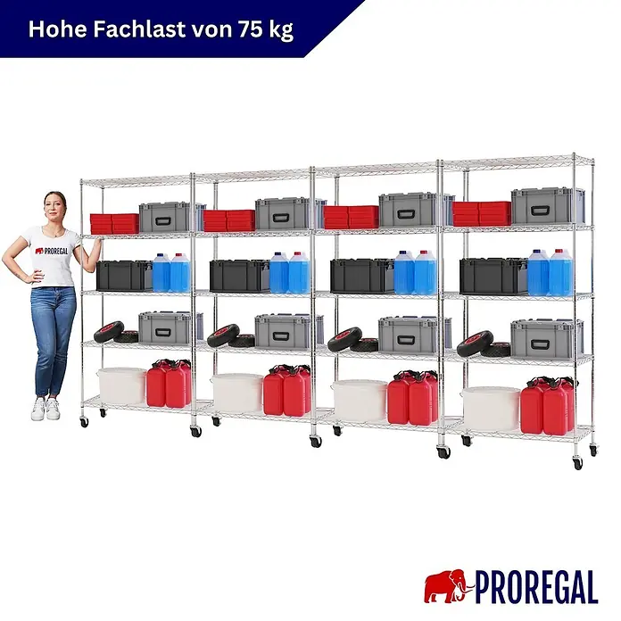 Proregal Metallregal 4er Set Gitterregal HADES mit Rollen - H x B x T: 180 x 90 x 40 cm, Traglast pro Boden: 75 kg, Anzahl Böden: 5 Stk., Stecken, Chrom Silber - Eine Frau steht neben einem großen, verchromten Drahtregal mit vier Abschnitten, das verschiedene Lagerartikel aufnimmt. Das Regal hat eine hohe Fachlast von 75 kg.