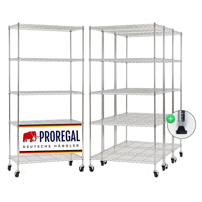 Proregal Metallregal 4er Set Gitterregal HADES mit Rollen - H x B x T: 180 x 90 x 40 cm, Traglast pro Boden: 75 kg, Anzahl Böden: 5 Stk., Stecken, Chrom Silber - Zwei verchromte Drahtregale; eines mit Rollen, das andere mit verstellbaren Füßen. Inkl. Detail eines verstellbaren Fußes.