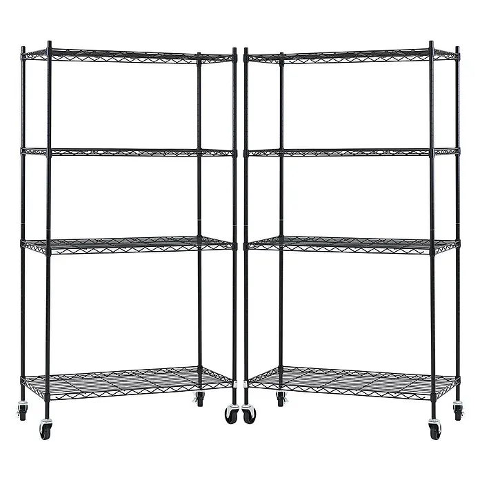 Proregal Metallregal 2er Set Gitterregal HADES mit Rollen - H x B x T: 160 x 90 x 40 cm, Traglast pro Boden: 75 kg, Anzahl Böden: 4 Stk., Stecken, Schwarz - Schwarzes Metallregal in Eckanordnung mit Rollen.
